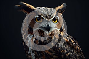 Great horned owl on Black Background.