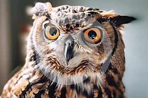 Great horned owl close-up. Looking at camera on blurred background. Generative AI