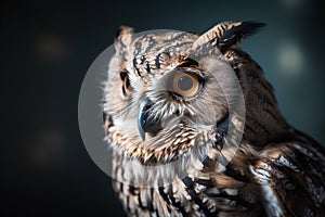 Great horned owl close-up. Looking into the distance on a blurred background. Generative AI