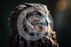 Great horned owl close-up. Looking into the distance on a blurred background. Generative AI