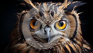 Great horned owl, close up, staring, yellow eyes, black background generated by AI