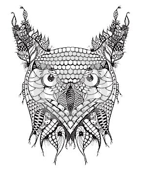 Great horned owl head zentangle stylized, vector, illustration,