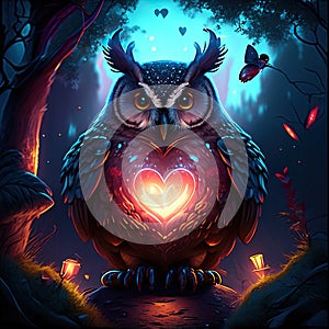 Great Horned Owl hugging heart Night scene with owl and heart. Halloween background. Vector illustration. AI Generated ani