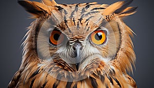 Great horned owl, majestic bird of prey, staring at camera generated by AI