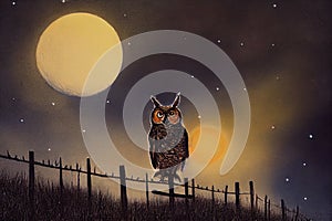 Great Horned Owl Perched on Fence at Night. Generative AI
