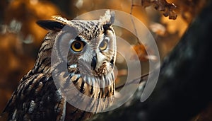 Great horned owl perching on autumn branch generated by AI