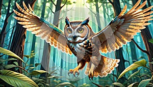 Great-horned owl raptor flight flying forest