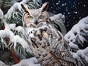 Great Horned Owl in Snow Covered Tree  Made With Generative AI illustration