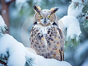 Great Horned Owl in Snow Covered Tree  Made With Generative AI illustration