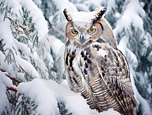 Great Horned Owl in Snow Covered Tree  Made With Generative AI illustration