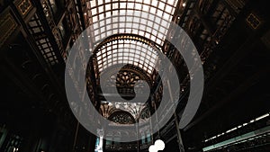 Great hotel lobby. different angles of a buildings ceiling with a grid pattern