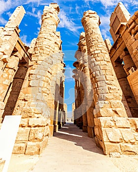 The Great Hypostyle Hall of Luxor with Columns with ancient carvings, Karnak Temple, Egypt