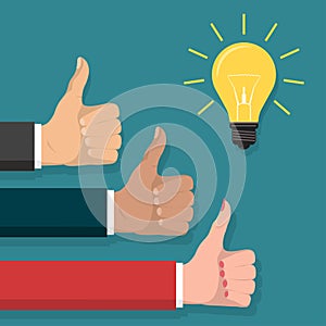 Great idea, Thumb up symbol, lightbulb flat style vector