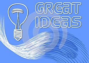 Great ideas billboard, banner with a bulb and wavy abstract shape with lightning effect, white line drawing on blue