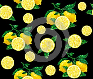 Great illustration of beautiful yellow lemon fruits on a black background. Water color drawing of lemon. Seamless pattern