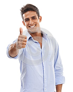 Great job. Portrait of a handsome young man showing thumbs up against a white background.