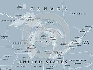 Great Lakes of North America, freshwater lakes, gray political map photo