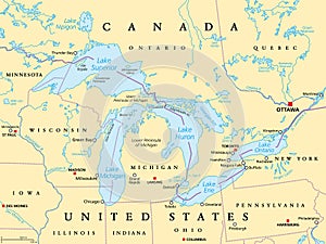 Great Lakes of North America, series of freshwater lakes, political map photo