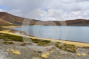 Great lakes of Tibet. Lake Rakshas Tal Langa-TSO in summer in cloudy day