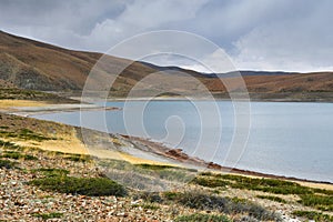 Great lakes of Tibet. Lake Rakshas Tal Langa-TSO in summer in cloudy day