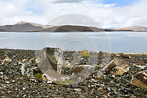 Great lakes of Tibet. Lake Rakshas Tal Langa-TSO in summer in cloudy day