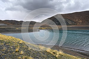 Great lakes of Tibet. Lake Rakshas Tal Langa-TSO in summer in cloudy day