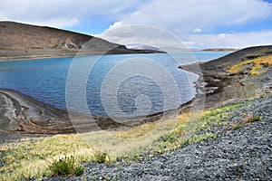 Great lakes of Tibet. Lake Rakshas Tal Langa-TSO in summer in cloudy day