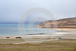 Great lakes of Tibet. Lake Rakshas Tal Langa-TSO in summer in rainy day