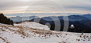 Great landscape on the Orobie Alps in winter season, foggy an humidity in the air. Panorama from Monte Pora