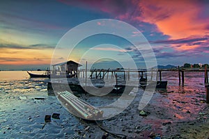 Great landscape view during sunrise from Dove Jetty, Penang during low tide