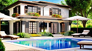 Great Mansion, Beautiful Garden, Fruit Trees, colorful flowers, luxury garden furniture, benches next to the pool,