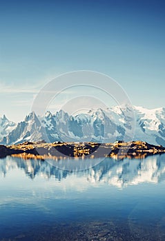 Great Mont Blanc glacier with Lac Blanc. Location Graian Alps, France, Europe