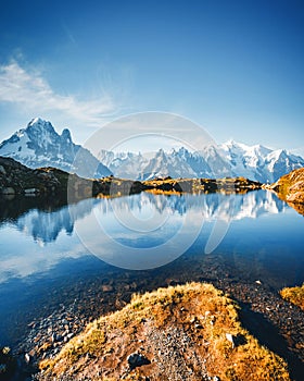 Great Mont Blanc glacier with Lac Blanc. Location Graian Alps, France, Europe