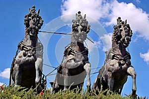 Statue of carriage drawn by 6 horses in Jerez de la Frontera Provincia de Cadiz Andalucia Spain photo