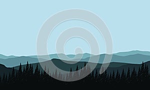 Great morning mountain panorama with the surrounding pine tree silhouettes. Vector illustration