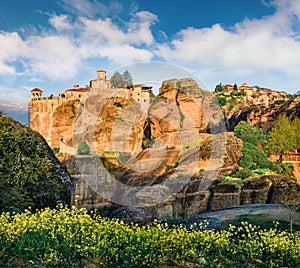 Great morning view of famous Eastern Orthodox monasteries listed as a World Heritage site, built on top of rock pillars. Picturesq