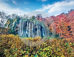 Great morning view of pure water waterfall in Plitvice National Park. Superb autumn scene of Croatia, Europe. Beauty of nature