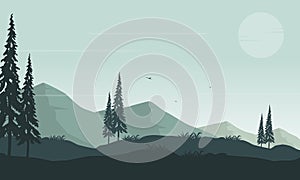 Great mountain panorama in the morning with the silhouette of the surrounding pine trees. Vector illustration