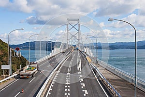 Great Naruto bridge cross over ocean. It is a large suspension bridge that stretches across the Naruto Strait.