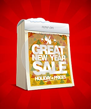 Great new year sale banner, tear-off calendar, winter holiday prices