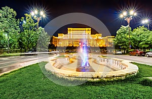 Great night view of Palace of the Parliament. Picturesque evening cityscape of Bucharest city - capital of Transylvania, romaninan