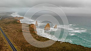 The Great Ocean Road along Twelve Apostles, Australia aerial vie