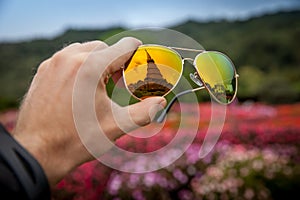 Great Pagoda in Doi Inthanon in the reflection glasses