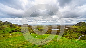 Great panorama of the landscape of the Isle of Skye overlooking the sea in the Highlands of Scotland.