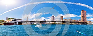 Great panorama of the Nile with modern bridge and buildings in the business district of Cairo, Egypt