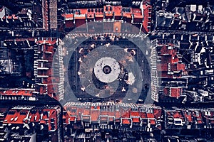 Great panoramic topdown top down view on the Old Town Market Square in Warsaw with a recreational skating rink and a mermaid