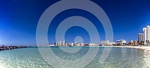 Great panoramic view of the blue seagull beach of Cancun city in the Mayan Riviera of Mexico.