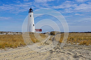 Great Point Lighthouse with blue skies, Nantucket, Massachusetts