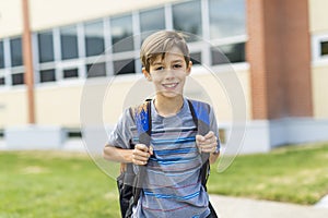 Great Portrait Of School Pupil Outside Classroom Carrying Bags