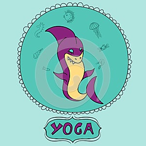 Great purple cartoon shark doing meditation with sea animals. Shark yoga pose. For kids book, yoga studio, yoga class